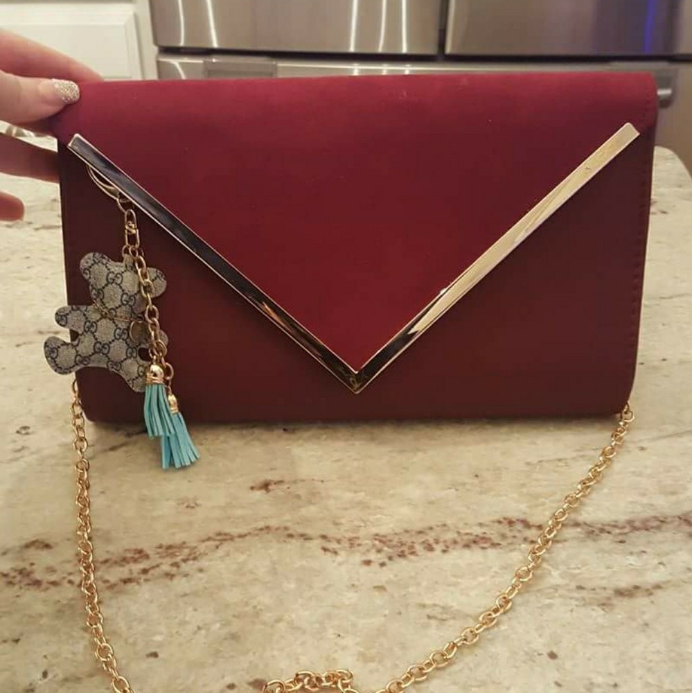 Red leather Evening Bag Clutch Purse Gold